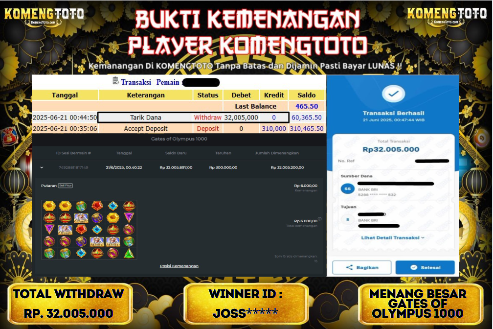 LAGI & LAGI!! KEMENANGAN BESAR DI SLOT GATES OF OLYMPUS 1000 SEBESAR Rp.32.005.000 KOMENGTOTO BAYAR LUNAS SECEPAT KILAT !! KOMENGTOTO BAYAR SECEPAT KILAT !!