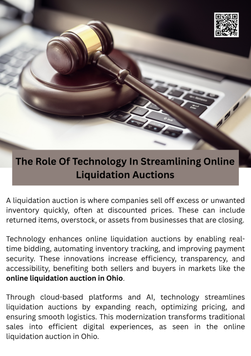 Technology plays a crucial role in streamlining online liquidation auctions in Ohio by automating bidding processes, improving inventory management, and enhancing buyer-seller communication. Advanced software and real-time data analytics help optimize auction timing and pricing, ensuring efficiency and transparency. Additionally, secure payment systems and mobile accessibility make participation easier for a broader audience, driving higher engagement and faster sales in the competitive online liquidation auction environment. To know more visit here https://www.wyethauctions.com/