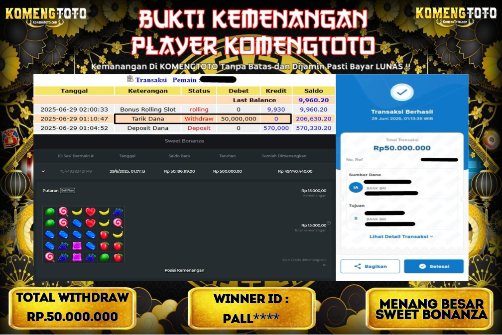 LAGI & LAGI!! KEMENANGAN BESAR DI SLOT  SWEET BONANZA  SEBESAR Rp.50.000.000 KOMENGTOTO BAYAR LUNAS SECEPAT KILAT !! KOMENGTOTO BAYAR SECEPAT KILAT !!