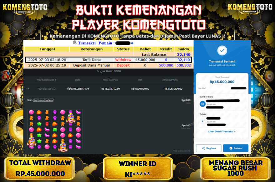 LAGI & LAGI!! KEMENANGAN BESAR DI SLOT SUGAR RUSH 1000  SEBESAR Rp.45.000.000 KOMENGTOTO BAYAR LUNAS SECEPAT KILAT !! KOMENGTOTO BAYAR SECEPAT KILAT !!