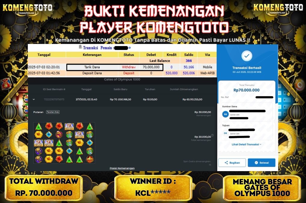 LAGI & LAGI!! KEMENANGAN BESAR DI SLOT  GATES OF OLYMPUS 1000  SEBESAR Rp.70.000.000 KOMENGTOTO BAYAR LUNAS SECEPAT KILAT !! KOMENGTOTO BAYAR SECEPAT KILAT !!
