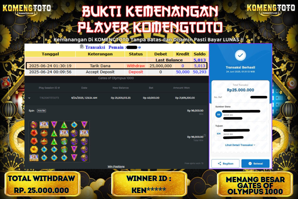 LAGI & LAGI!! KEMENANGAN BESAR DI SLOT  GATES OF OLYMPUS 1000  SEBESAR Rp.25.000.000 KOMENGTOTO BAYAR LUNAS SECEPAT KILAT !! KOMENGTOTO BAYAR SECEPAT KILAT !!