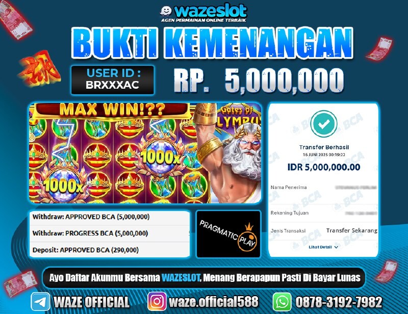 BUKTI KEMENANGAN 16 JUNI 2025 DI GAME Gates Of Olympus 1000