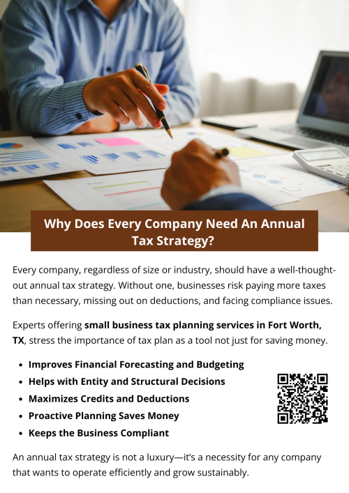 An annual tax strategy is not a luxury it is a necessity for any company that wants to operate efficiently and grow sustainably. It ensures compliance, maximizes deductions and enables informed financial decisions. By working with experts offering small business tax planning services in Fort Worth, TX, businesses can take control of their tax obligations, reduce risk, and strengthen their financial future. To know more visit here https://www.alignedwealthadv.com/tax-planning-fort-worth-tx