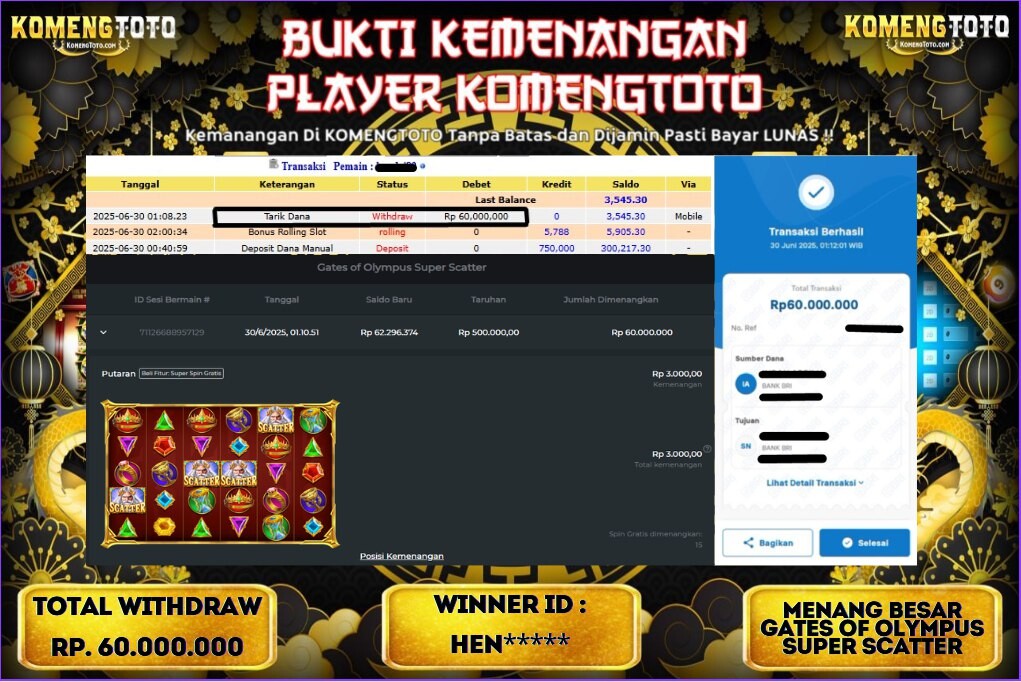 LAGI & LAGI!! KEMENANGAN BESAR DI SLOT GATES OF OLYMPUS SUPER SCATTER SEBESAR Rp.60.000.000 KOMENGTOTO BAYAR LUNAS SECEPAT KILAT !! KOMENGTOTO BAYAR SECEPAT KILAT !!