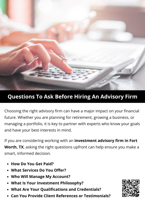 Hiring an investment advisory firm in Fort Worth TX is an important financial decision that deserves careful thought. By asking these key questions, you can evaluate their experience, ethics, and compatibility with your goals. A trustworthy advisor will not only provide sound financial guidance but also offer peace of mind for your future. To know more visit here https://www.alignedwealthadv.com/