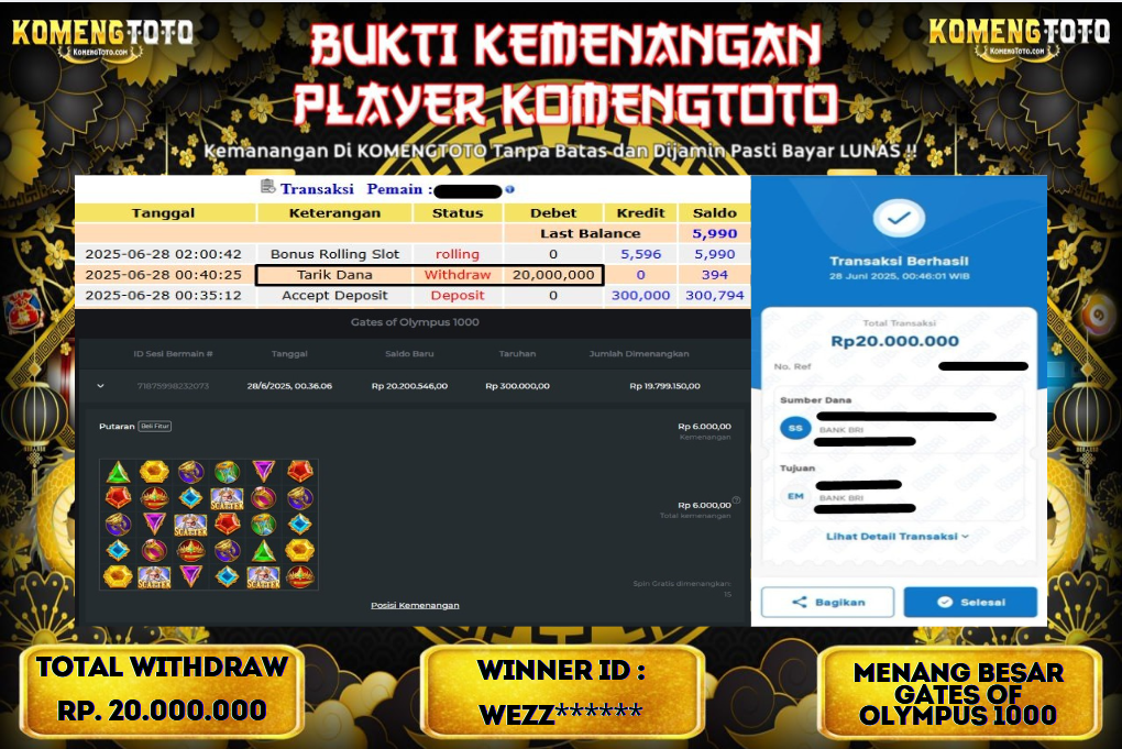 LAGI & LAGI!! KEMENANGAN BESAR DI SLOT  GATES OF OLYMPYUS 1000 SEBESAR Rp.20.000.000 KOMENGTOTO BAYAR LUNAS SECEPAT KILAT !! KOMENGTOTO BAYAR SECEPAT KILAT !!