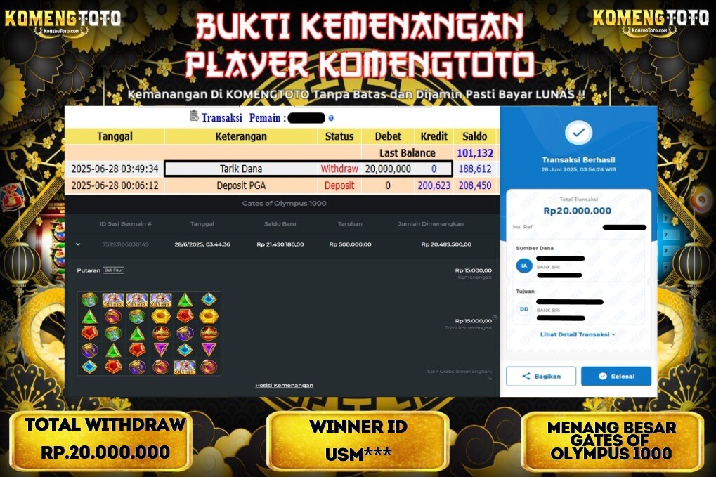 LAGI & LAGI!! KEMENANGAN BESAR DI SLOT  GATES OF OLYMPUS 1000  SEBESAR Rp.20.000.000 KOMENGTOTO BAYAR LUNAS SECEPAT KILAT !! KOMENGTOTO BAYAR SECEPAT KILAT !!