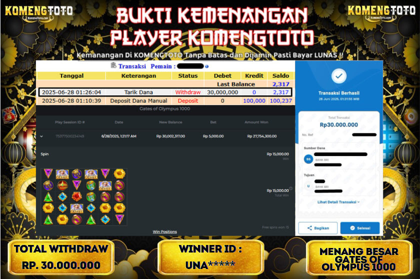 LAGI & LAGI!! KEMENANGAN BESAR DI SLOT  GATES OF OLYMPUS 1000  SEBESAR Rp.30.000.000 KOMENGTOTO BAYAR LUNAS SECEPAT KILAT !! KOMENGTOTO BAYAR SECEPAT KILAT !!