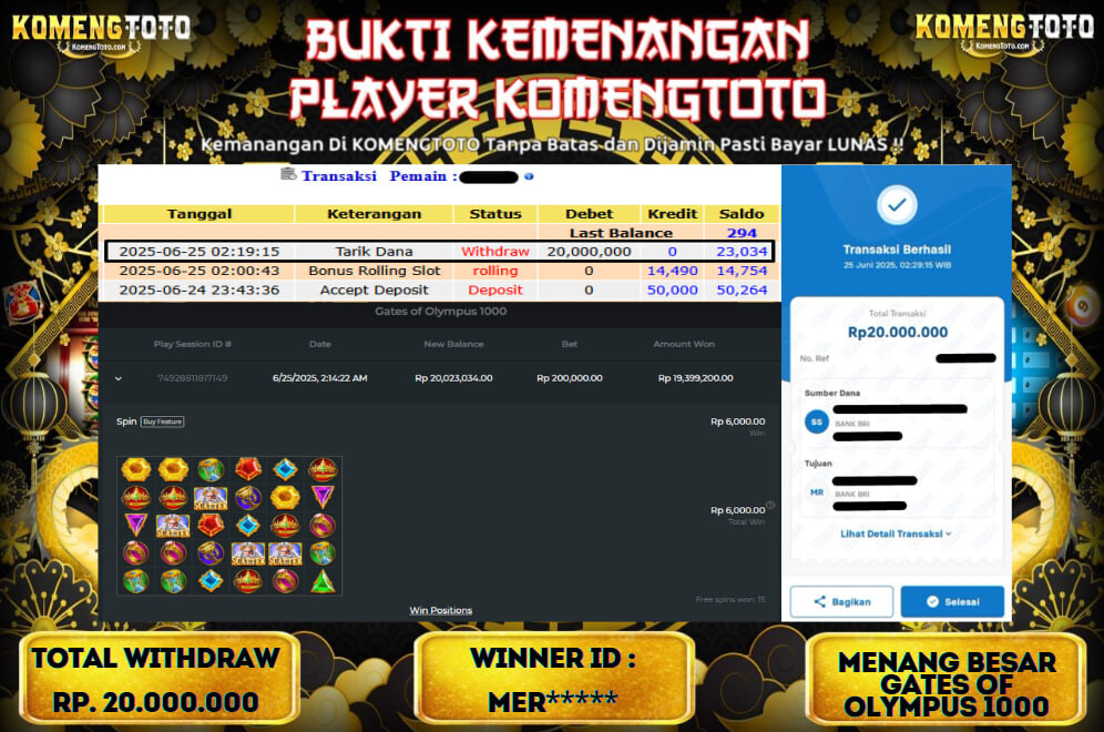 LAGI & LAGI!! KEMENANGAN BESAR DI SLOT  GATES OF OLYMPUS 1000  SEBESAR Rp.20.000.000 KOMENGTOTO BAYAR LUNAS SECEPAT KILAT !! KOMENGTOTO BAYAR SECEPAT KILAT !!