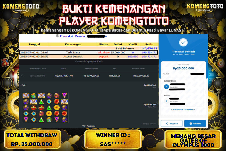 LAGI & LAGI!! KEMENANGAN BESAR DI SLOT  GATES OF OLYMPUS 1000  SEBESAR Rp.25.000.000 KOMENGTOTO BAYAR LUNAS SECEPAT KILAT !! KOMENGTOTO BAYAR SECEPAT KILAT !!