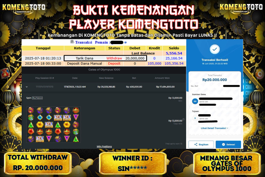 LAGI & LAGI!! KEMENANGAN BESAR DI SLOT  GATES OF OLYMPUS 1000  SEBESAR Rp.20.000.000 KOMENGTOTO BAYAR LUNAS SECEPAT KILAT !! KOMENGTOTO BAYAR SECEPAT KILAT !!