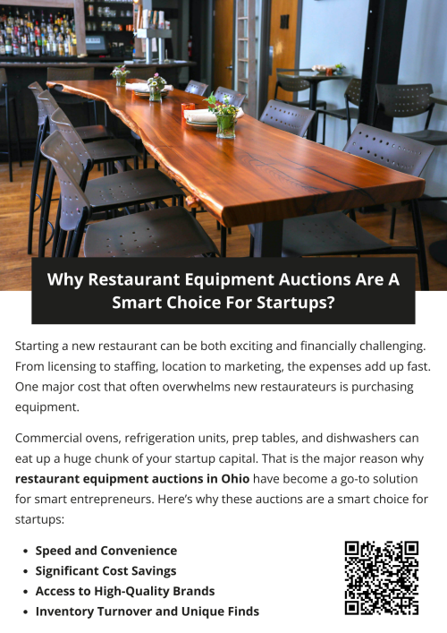 For startups entering the food industry, every dollar counts. Restaurant equipment auctions in Ohio provide a powerful way to secure quality tools at unbeatable prices, helping you build a solid kitchen without overextending your budget. With careful planning and bidding, you can outfit your restaurant with the essentials—and even a few extras—while preserving cash flow and reducing startup risk. It’s not just a smart choice; it’s a strategic advantage. To know more visit here https://www.wyethauctions.com/industries/food-service-restaurant-equipment