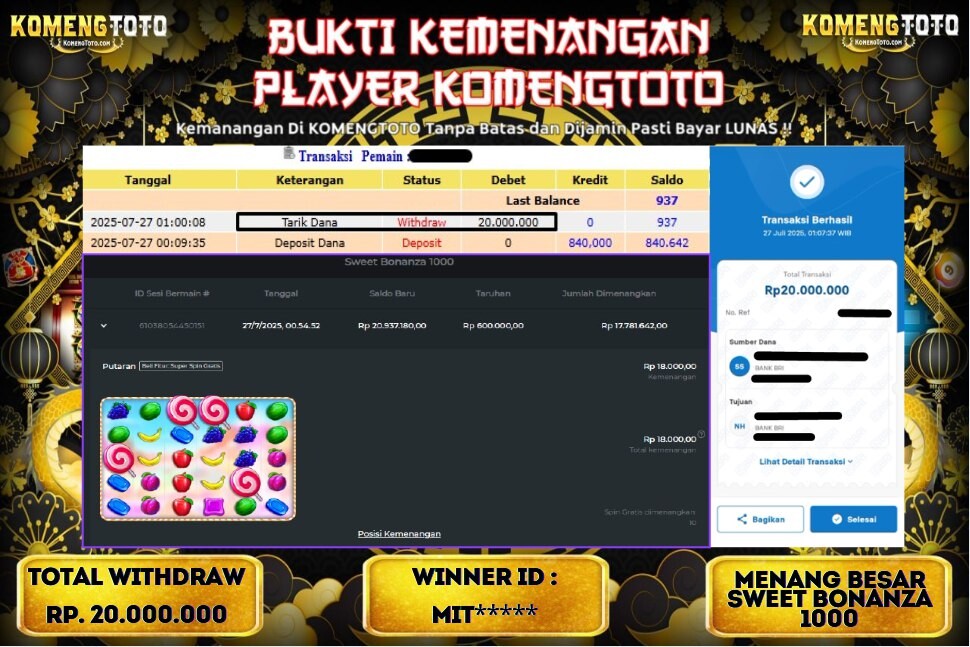 LAGI & LAGI!! KEMENANGAN BESAR DI SLOT SWEET BONANZA 1000 SEBESAR Rp.20.000.000 KOMENGTOTO BAYAR LUNAS SECEPAT KILAT !! KOMENGTOTO BAYAR SECEPAT KILAT !!