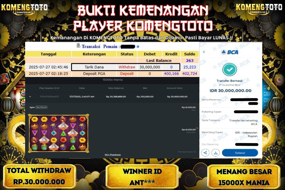 LAGI & LAGI!! KEMENANGAN BESAR DI SLOT 15000X MANIA SEBESAR Rp.30.000.000 KOMENGTOTO BAYAR LUNAS SECEPAT KILAT !! KOMENGTOTO BAYAR SECEPAT KILAT !!