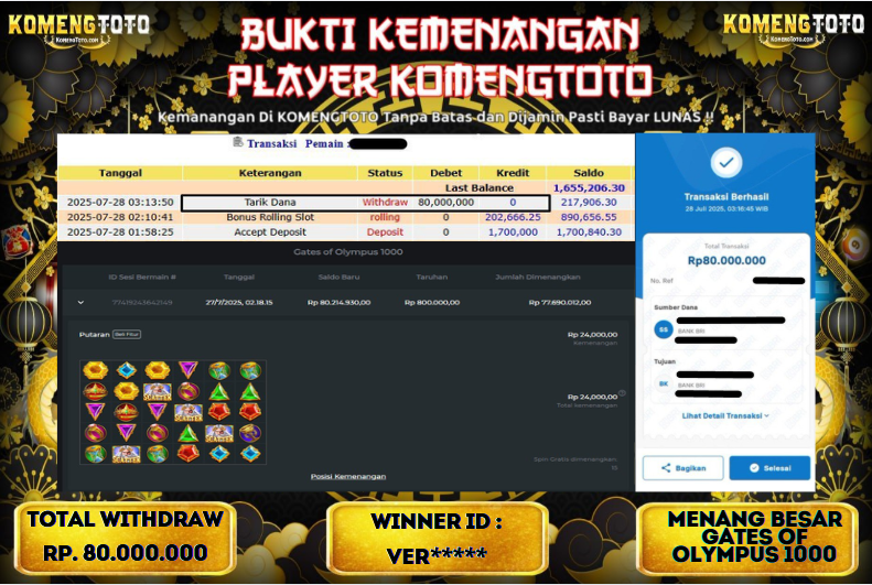 LAGI & LAGI!! KEMENANGAN BESAR DI SLOT GATES OF OLYMPYUS 1000  SEBESAR Rp.80.000.000 KOMENGTOTO BAYAR LUNAS SECEPAT KILAT !! KOMENGTOTO BAYAR SECEPAT KILAT !!