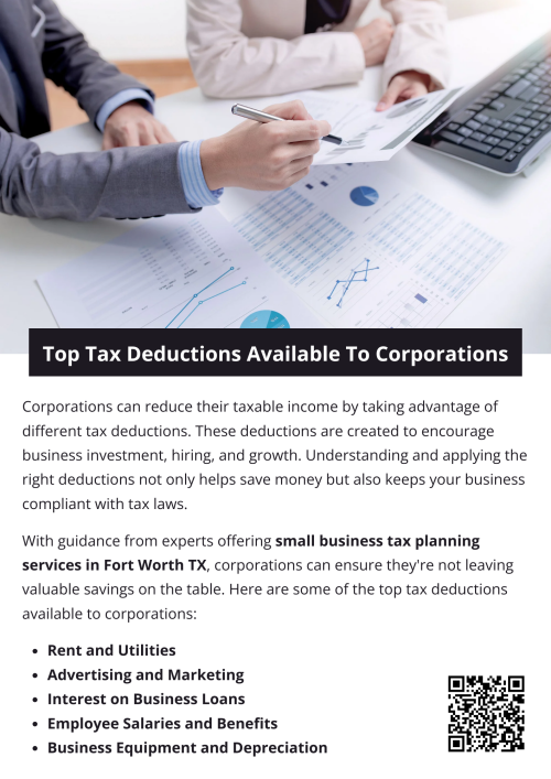 Understanding and maximizing corporate tax deductions is a crucial part of smart financial management. With assistance from experts offering small business tax planning services in Fort Worth, TX, you can ensure that your corporation takes advantage of every eligible deduction—helping you reduce tax liability and invest more back into your business’s growth. To know more visit here https://www.alignedwealthadv.com/tax-planning-fort-worth-tx