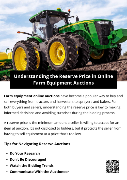 Understanding the reserve price is a crucial part of participating in farm equipment online auctions. While it may initially seem like a hurdle, it’s a tool that balances seller security with buyer opportunity. With the right strategy and insight, you can navigate reserve-price auctions confidently—and walk away with the equipment you need at a fair price. To know more cisit here https://www.wyethauctions.com/industries/farm-equipment