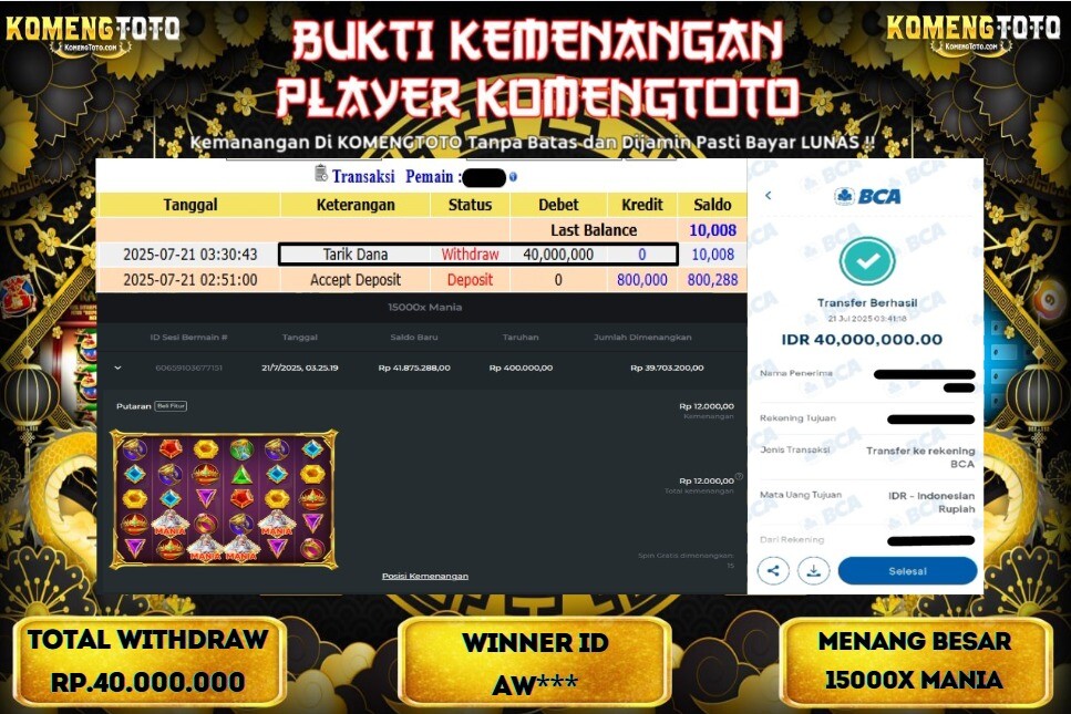 LAGI & LAGI!! KEMENANGAN BESAR DI SLOT 15000X MANIA SEBESAR Rp.40.000.000 KOMENGTOTO BAYAR LUNAS SECEPAT KILAT !! KOMENGTOTO BAYAR SECEPAT KILAT !!