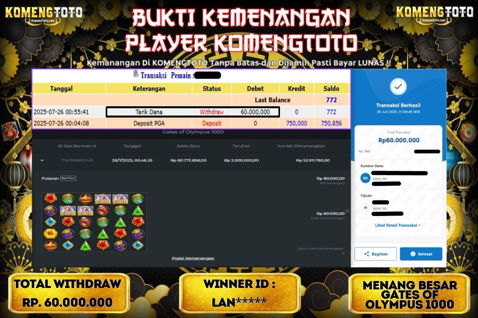 LAGI & LAGI!! KEMENANGAN BESAR DI SLOT  GATES OF OLYMPUS 10000 SEBESAR Rp.60.000.000 KOMENGTOTO BAYAR LUNAS SECEPAT KILAT !! KOMENGTOTO BAYAR SECEPAT KILAT !!