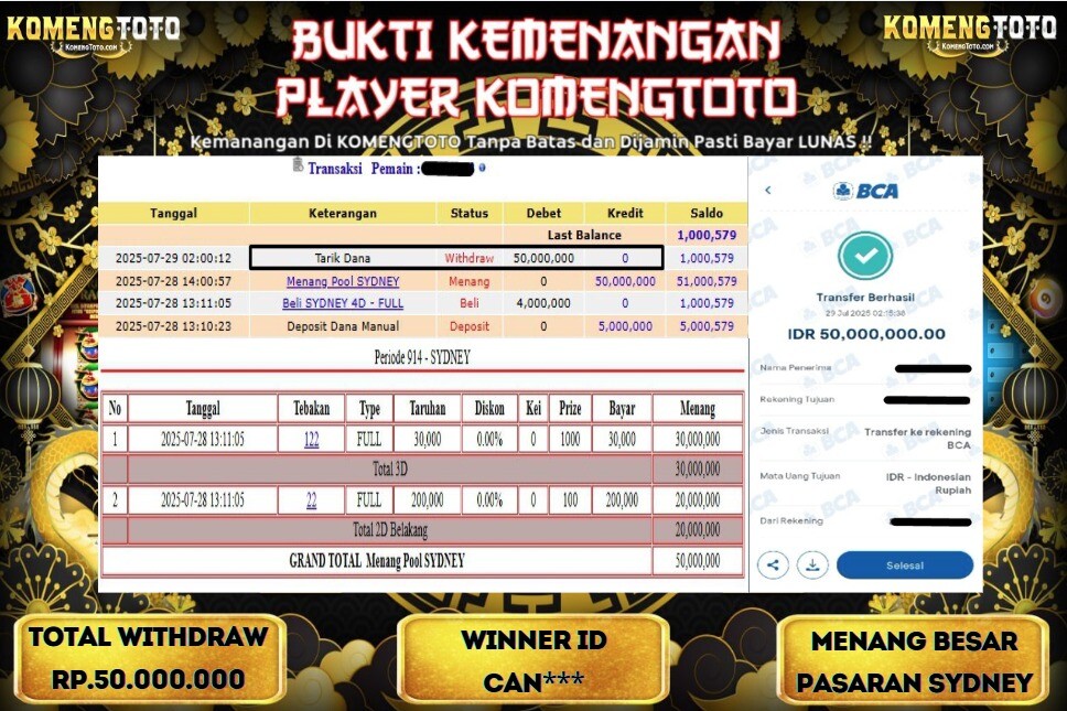 LAGI & LAGI!! KEMENANGAN BESAR DI  PASARAN SYDNEY SEBESAR Rp.50.000.000 KOMENGTOTO BAYAR LUNAS SECEPAT KILAT !! KOMENGTOTO BAYAR SECEPAT KILAT !!