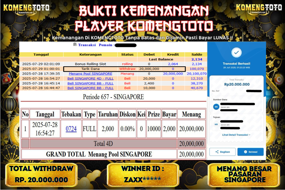 LAGI & LAGI!! KEMENANGAN BESAR DI PASARAN SINGAPORE  SEBESAR Rp.20.000.000 KOMENGTOTO BAYAR LUNAS SECEPAT KILAT !! KOMENGTOTO BAYAR SECEPAT KILAT !!