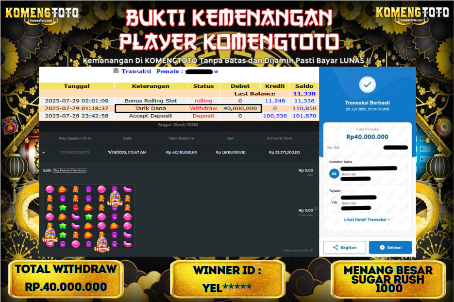 LAGI & LAGI!! KEMENANGAN BESAR DI SLOT SUGAR RUSH 1000 SEBESAR Rp.40.000.000 KOMENGTOTO BAYAR LUNAS SECEPAT KILAT !! KOMENGTOTO BAYAR SECEPAT KILAT !!