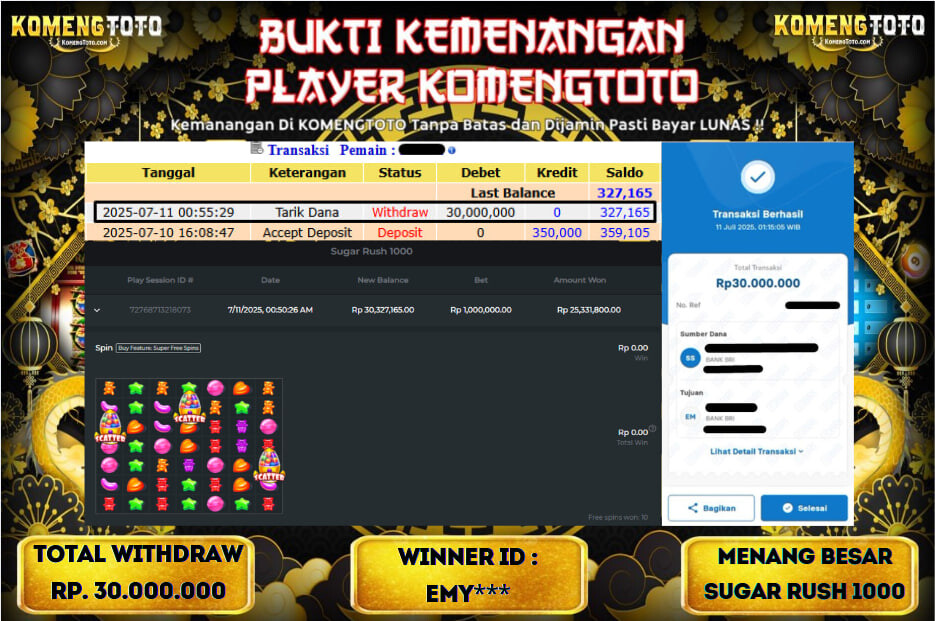 LAGI & LAGI!! KEMENANGAN BESAR DI SLOT SUGAR RUSH 1000  SEBESAR Rp.30.000.000 KOMENGTOTO BAYAR LUNAS SECEPAT KILAT !! KOMENGTOTO BAYAR SECEPAT KILAT !!