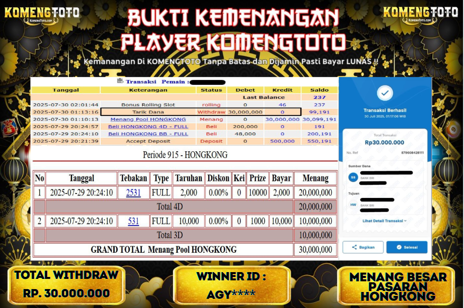 LAGI & LAGI!! KEMENANGAN BESAR DI PASARAN HONGKONG  SEBESAR Rp.30.000.000 KOMENGTOTO BAYAR LUNAS SECEPAT KILAT !! KOMENGTOTO BAYAR SECEPAT KILAT !!