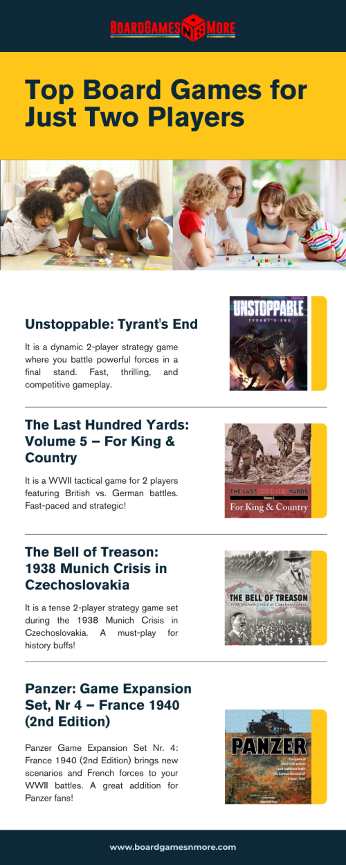 From tactical war games to intense strategy showdowns, this infographic highlights top picks for two-player board gaming. Perfect for serious and casual players alike!