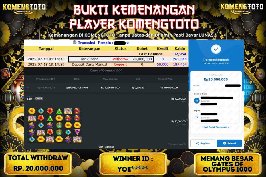 LAGI & LAGI!! KEMENANGAN BESAR DI SLOT  GATES OF OLYMPUS 1000  SEBESAR Rp.20.000.000 KOMENGTOTO BAYAR LUNAS SECEPAT KILAT !! KOMENGTOTO BAYAR SECEPAT KILAT !!