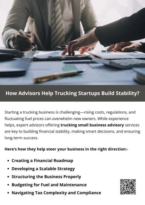 The road to trucking success isn't paved with horsepower alone. It takes strategy, foresight, and the right team. Advisors bring valuable experience to the table—helping trucking startups avoid pitfalls, stay compliant, and plan for growth. By working closely with experts offering trucking family business advisory services, startups can turn uncertainty into opportunity and drive confidently toward a stable and profitable future. To know more visit here https://www.truckersprocpa.ca/trucking-business-advisory-services