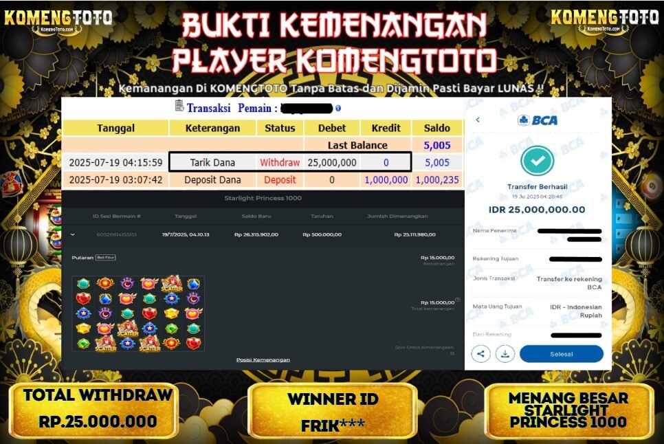 LAGI & LAGI!! KEMENANGAN BESAR DI SLOT  STARLIGHT PRINCESS 1000 SEBESAR Rp.25.000.000 KOMENGTOTO BAYAR LUNAS SECEPAT KILAT !! KOMENGTOTO BAYAR SECEPAT KILAT !!