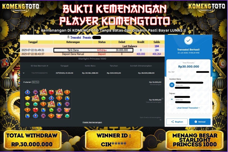 LAGI & LAGI!! KEMENANGAN BESAR DI SLOT STARLIGHT PRINCESS 1000 SEBESAR Rp.30.000.000 KOMENGTOTO BAYAR LUNAS SECEPAT KILAT !! KOMENGTOTO BAYAR SECEPAT KILAT !!