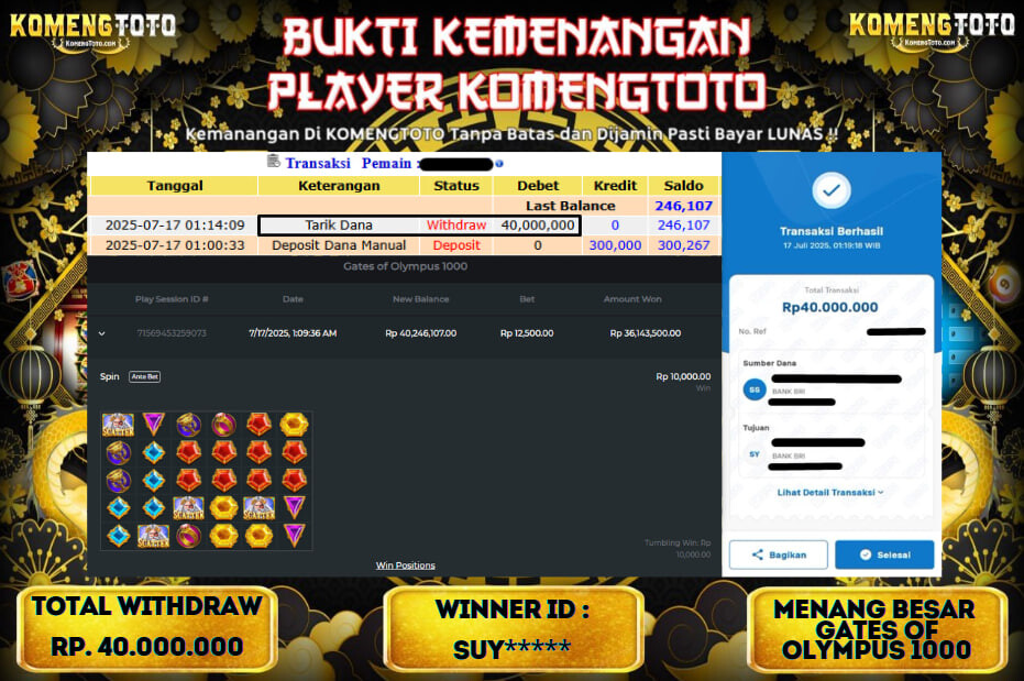 LAGI & LAGI!! KEMENANGAN BESAR DI SLOT  GATES OF OLYMPUS 1000  SEBESAR Rp.40.000.000 KOMENGTOTO BAYAR LUNAS SECEPAT KILAT !! KOMENGTOTO BAYAR SECEPAT KILAT !!