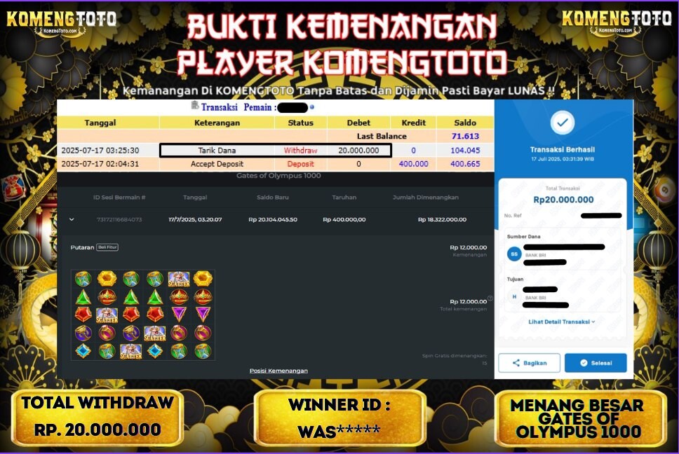 LAGI & LAGI!! KEMENANGAN BESAR DI SLOT  GATES OF OLYMPUS 1000  SEBESAR Rp.20.000.000 KOMENGTOTO BAYAR LUNAS SECEPAT KILAT !! KOMENGTOTO BAYAR SECEPAT KILAT !!