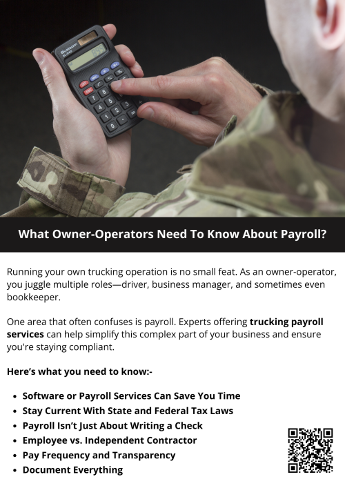Payroll may not be the most exciting part of being an owner-operator, but it’s one of the most important. With the right systems in place—and guidance from professionals offering trucking payroll services —you can stay focused on the road ahead, knowing your back-office responsibilities are handled. To know more visit here https://www.truckersprocpa.ca/trucking-payroll-services