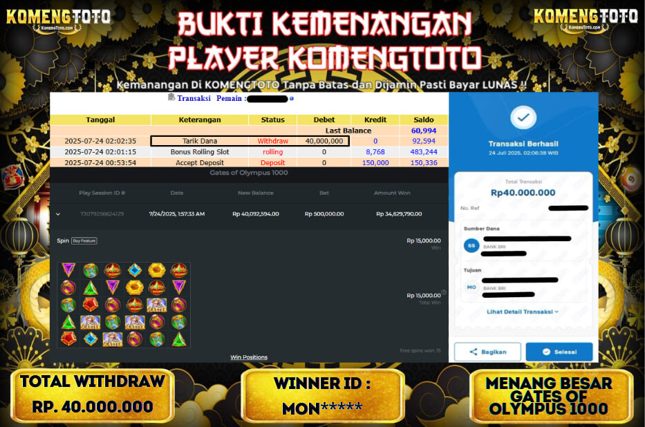 LAGI & LAGI!! KEMENANGAN BESAR DI SLOT  GATES OF OLYMPUS 1000  SEBESAR Rp.40.000.000 KOMENGTOTO BAYAR LUNAS SECEPAT KILAT !! KOMENGTOTO BAYAR SECEPAT KILAT !!