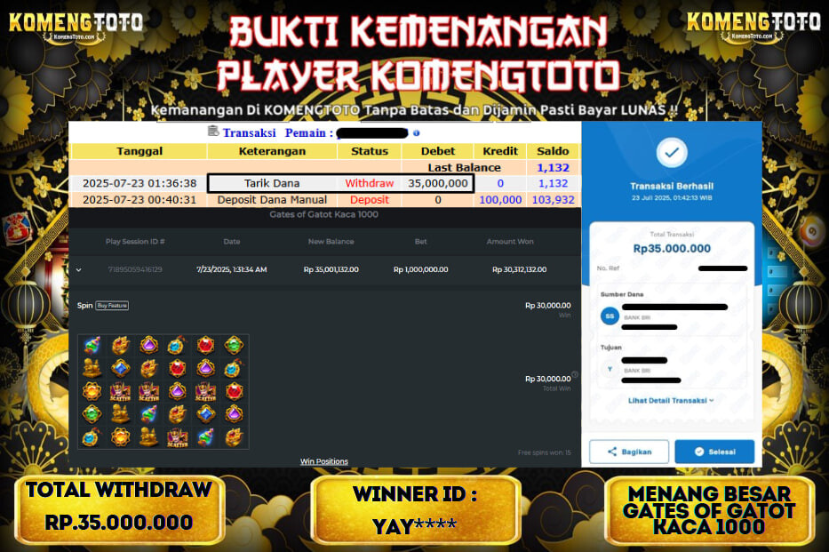 LAGI & LAGI!! KEMENANGAN BESAR DI SLOT GATES OF GATOT KACA 1000 SEBESAR Rp.35.000.000 KOMENGTOTO BAYAR LUNAS SECEPAT KILAT !! KOMENGTOTO BAYAR SECEPAT KILAT !!
