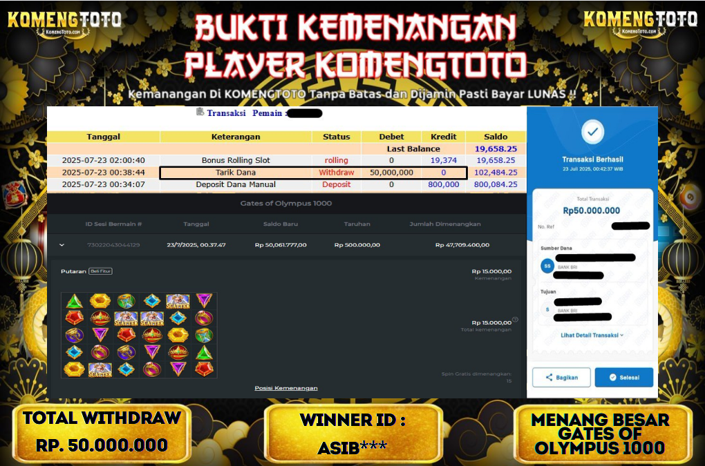 LAGI & LAGI!! KEMENANGAN BESAR DI SLOT  GATES OF OLYMPUS 1000  SEBESAR Rp.50.000.000 KOMENGTOTO BAYAR LUNAS SECEPAT KILAT !! KOMENGTOTO BAYAR SECEPAT KILAT !!