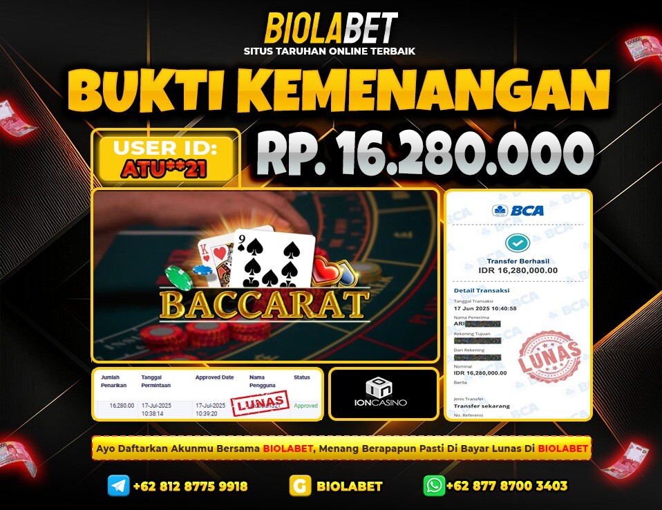 BIOLABET JACKPOT ION CASINO BACCARAT Rp.16.280.000.,- LUNAS