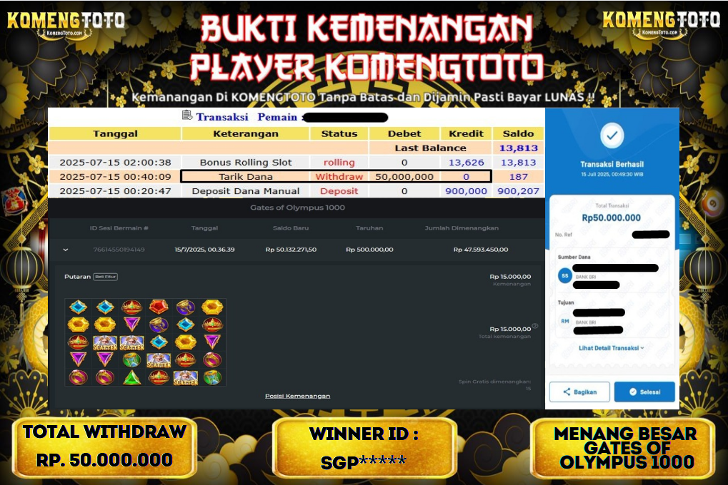 LAGI & LAGI!! KEMENANGAN BESAR DI SLOT  GATES OF OLYMPUS 1000  SEBESAR Rp.50.000.000 KOMENGTOTO BAYAR LUNAS SECEPAT KILAT !! KOMENGTOTO BAYAR SECEPAT KILAT !!