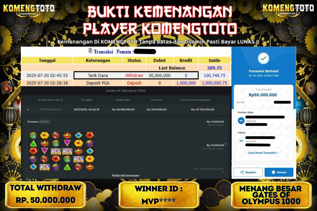 LAGI & LAGI!! KEMENANGAN BESAR DI SLOT  GATES OF OLYMPUS 1000  SEBESAR Rp.50.000.000 KOMENGTOTO BAYAR LUNAS SECEPAT KILAT !! KOMENGTOTO BAYAR SECEPAT KILAT !!