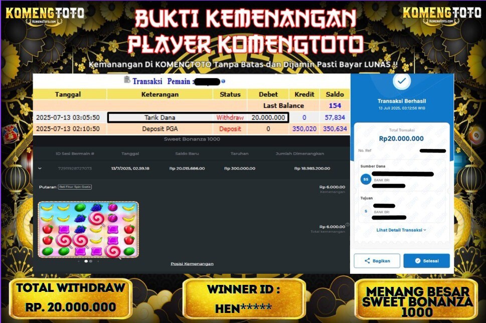 LAGI & LAGI!! KEMENANGAN BESAR DI SLOT SWEET BONANZA 1000 SEBESAR Rp.20.000.000  KOMENGTOTO BAYAR LUNAS SECEPAT KILAT !! KOMENGTOTO BAYAR SECEPAT KILAT !!
