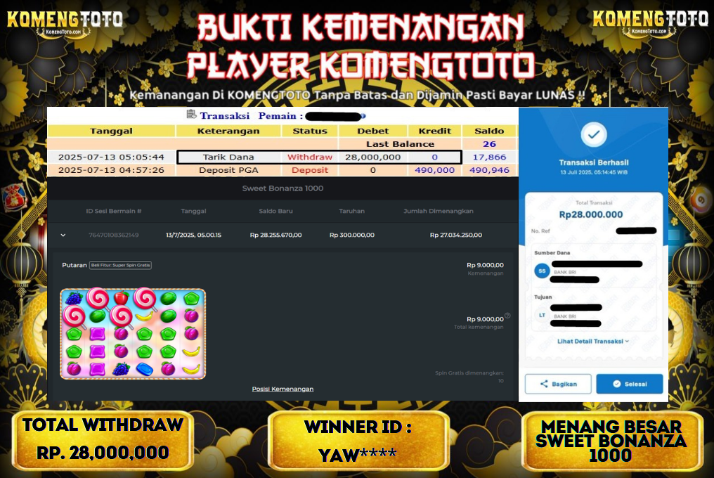 LAGI & LAGI!! KEMENANGAN BESAR DI SLOT  SWEET BONANZA 1000  SEBESAR Rp.28.000.000 KOMENGTOTO BAYAR LUNAS SECEPAT KILAT !! KOMENGTOTO BAYAR SECEPAT KILAT !!