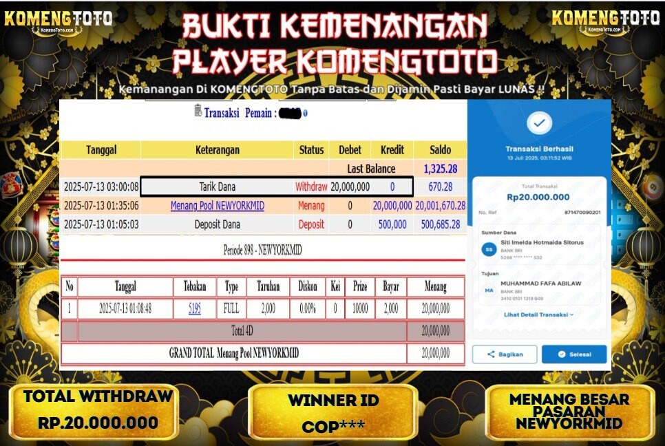 LAGI & LAGI!! KEMENANGAN BESAR DI PASARAN NEWYORKMID SEBESAR Rp.20.000.000  KOMENGTOTO BAYAR LUNAS SECEPAT KILAT !! KOMENGTOTO BAYAR SECEPAT KILAT !!