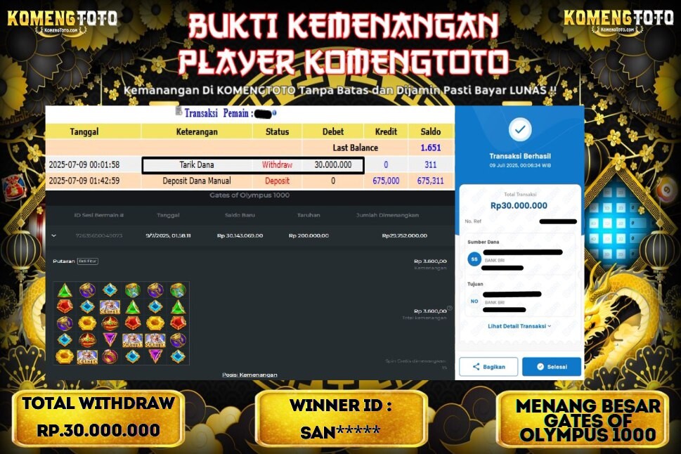 LAGI & LAGI!! KEMENANGAN BESAR DI SLOT  GATES OF OLYMPUS 1000  SEBESAR Rp.30.000.000 KOMENGTOTO BAYAR LUNAS SECEPAT KILAT !! KOMENGTOTO BAYAR SECEPAT KILAT !!
