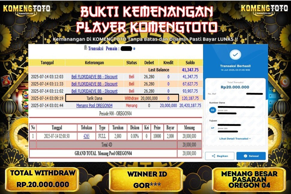 LAGI & LAGI!! KEMENANGAN BESAR DI PASARAN OREGON 04 SEBESAR Rp.20.000.000KOMENGTOTO BAYAR LUNAS SECEPAT KILAT !! KOMENGTOTO BAYAR SECEPAT KILAT !!