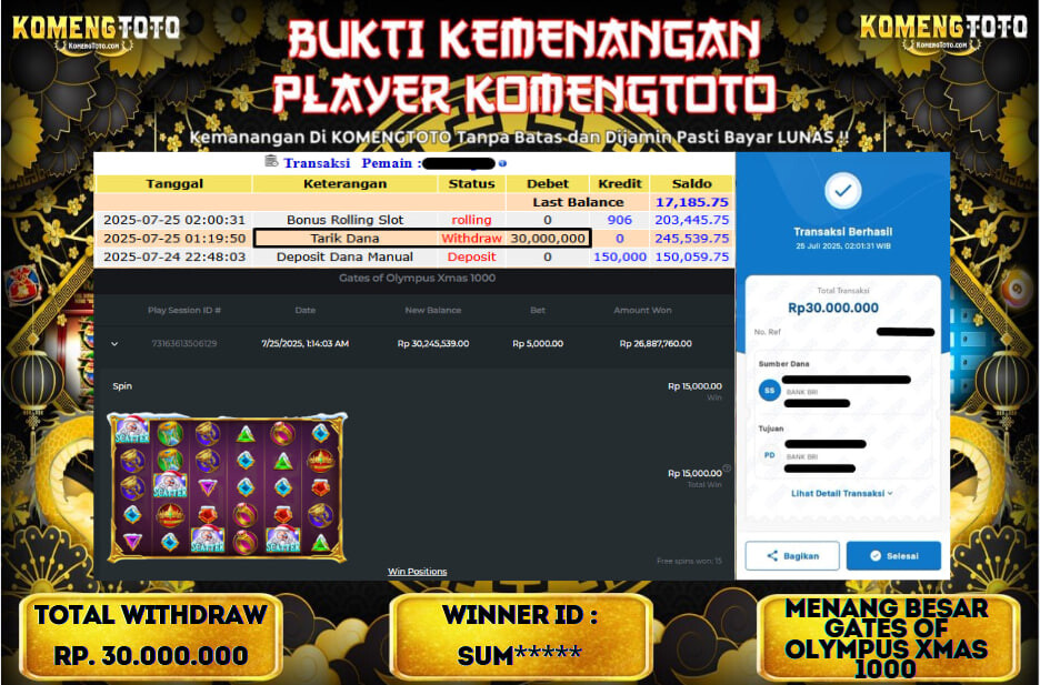 LAGI & LAGI!! KEMENANGAN BESAR DI SLOT  GATES OF OLYMPUS XMAS 1000 SEBESAR Rp.30.000.000 KOMENGTOTO BAYAR LUNAS SECEPAT KILAT !! KOMENGTOTO BAYAR SECEPAT KILAT !!