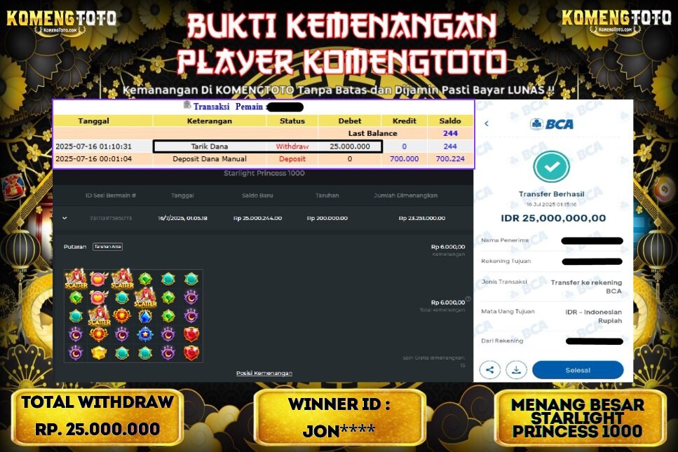 LAGI & LAGI!! KEMENANGAN BESAR DI SLOT STARLIGHT PRINCESS 1000 SEBESAR Rp.25.000.000 KOMENGTOTO BAYAR LUNAS SECEPAT KILAT !! KOMENGTOTO BAYAR SECEPAT KILAT !!